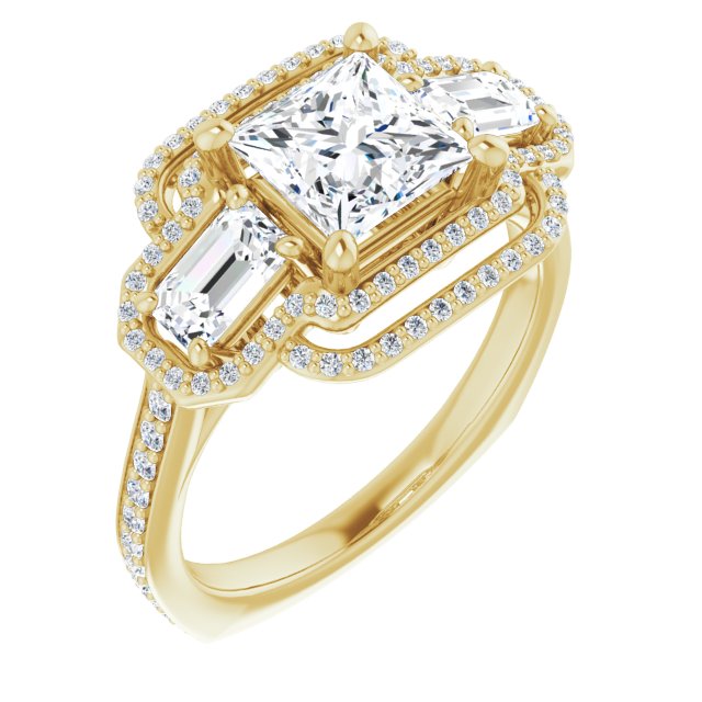 10K Yellow Gold Customizable Enhanced 3-stone Style with Princess/Square Cut Center, Emerald Cut Accents, Double Halo and Thin Shared Prong Band