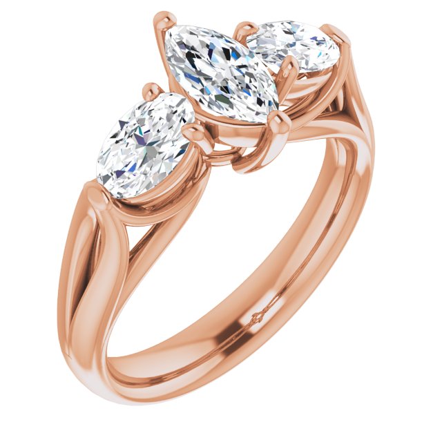 10K Rose Gold Customizable Cathedral-set 3-stone Marquise Cut Style with Dual Oval Cut Accents & Wide Split Band