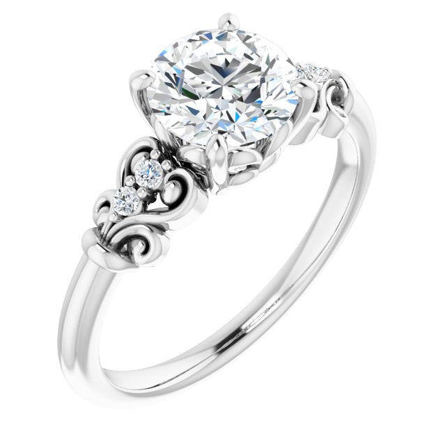 10K White Gold Customizable Vintage 5-stone Design with Round Cut Center and Artistic Band Décor