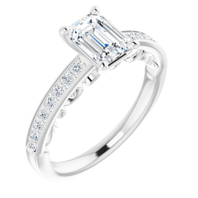 10K White Gold Customizable Emerald/Radiant Cut Design featuring 3-Sided Infinity Trellis and Round-Channel Accented Band