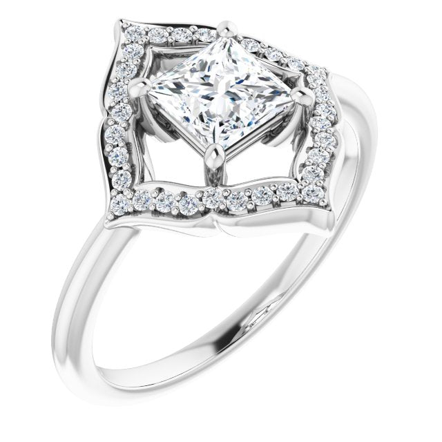 10K White Gold Customizable Princess/Square Cut Style with Artistic Equilateral Halo and Ultra-thin Band