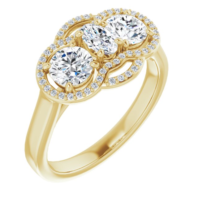 10K Yellow Gold Customizable Cathedral-set Enhanced 3-stone Oval Cut Design with Multidirectional Halo