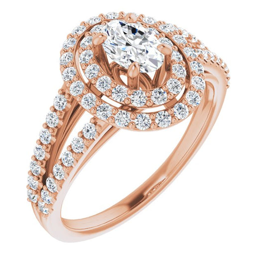 10K Rose Gold Customizable Oval Cut Design with Double Halo and Wide Split-Pavé Band