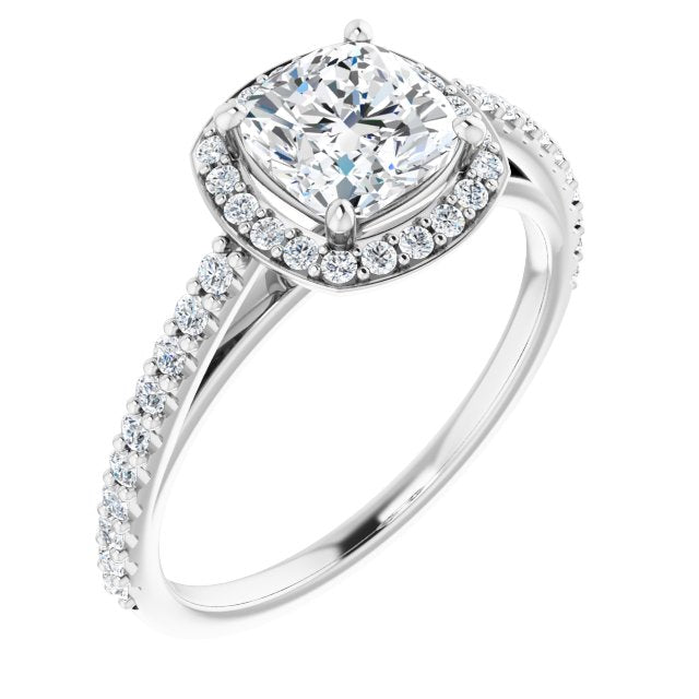 10K White Gold Customizable Cushion Cut Design with Halo and Thin Pavé Band