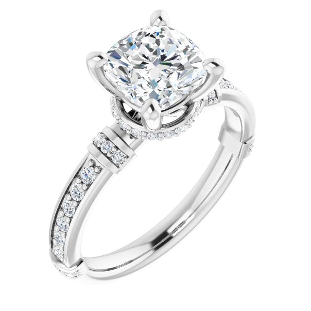Cubic Zirconia Engagement Ring- The Ambrosia (Customizable Cushion Cut Style featuring Under-Halo, Shared Prong and Quad Horizontal Band Accents)