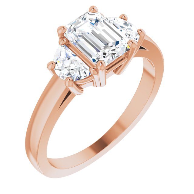 10K Rose Gold Customizable 3-stone Design with Emerald/Radiant Cut Center and Half-moon Side Stones