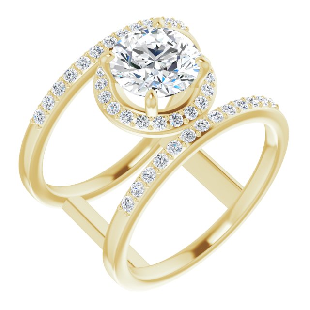 10K Yellow Gold Customizable Round Cut Halo Design with Open, Ultrawide Harness Double Pavé Band