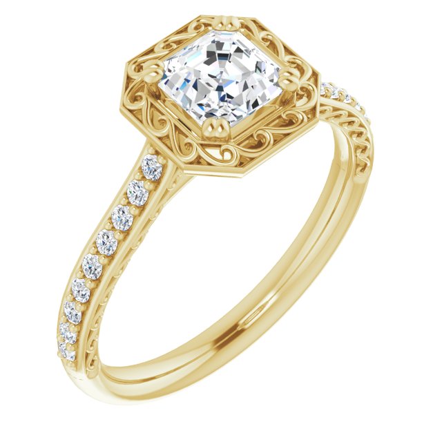 10K Yellow Gold Customizable Asscher Cut Halo Design with Filigree and Accented Band