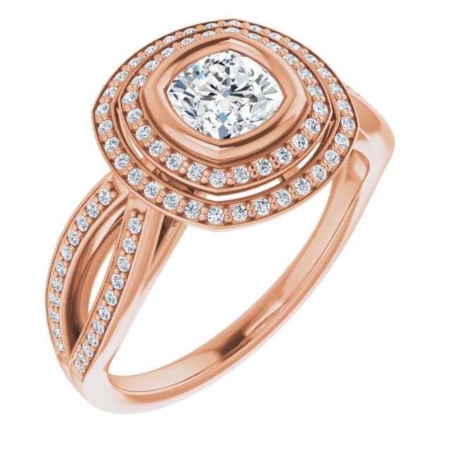 10K Rose Gold Customizable Bezel-set Cushion Cut Style with Double Halo and Split Shared Prong Band