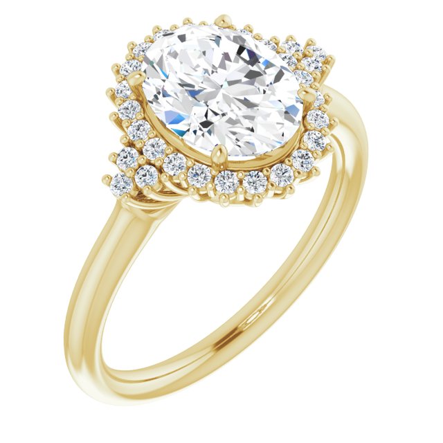 10K Yellow Gold Customizable Oval Cut Cathedral-Halo Design with Tri-Cluster Round Accents