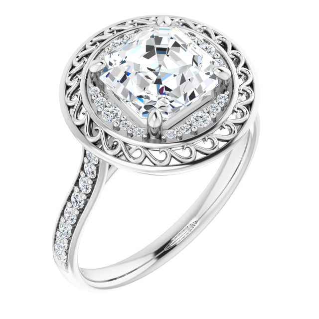 Cubic Zirconia Engagement Ring- The Ariané Contessa (Customizable Cathedral-style Asscher Cut featuring Cluster Accented Filigree Setting & Shared Prong Band)