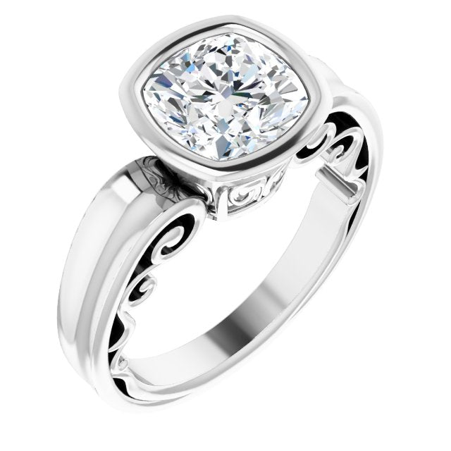 10K White Gold Customizable Bezel-set Cushion Cut Solitaire with Wide 3-sided Band