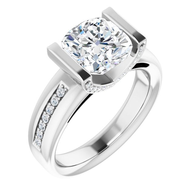 10K White Gold Customizable Cathedral-Bar Cushion Cut Design featuring Shared Prong Band and Prong Accents