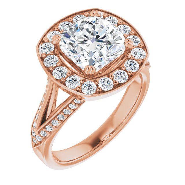 10K Rose Gold Customizable Cushion Cut Center with Large-Accented Halo and Split Shared Prong Band