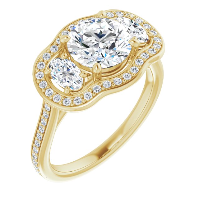10K Yellow Gold Customizable Round Cut Style with Oval Cut Accents, 3-stone Halo & Thin Shared Prong Band