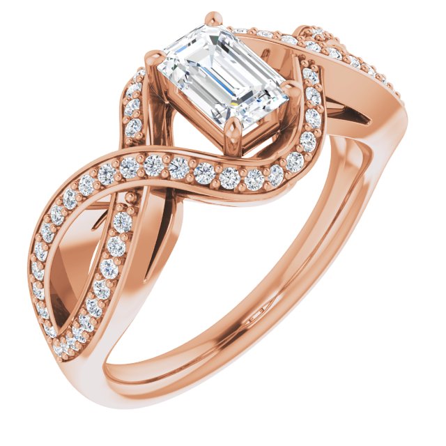 18K Rose Gold Customizable Emerald/Radiant Cut Design with Twisting, Infinity-Shared Prong Split Band and Bypass Semi-Halo