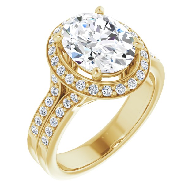 10K Yellow Gold Customizable Oval Cut Halo Style with Accented Split-Band