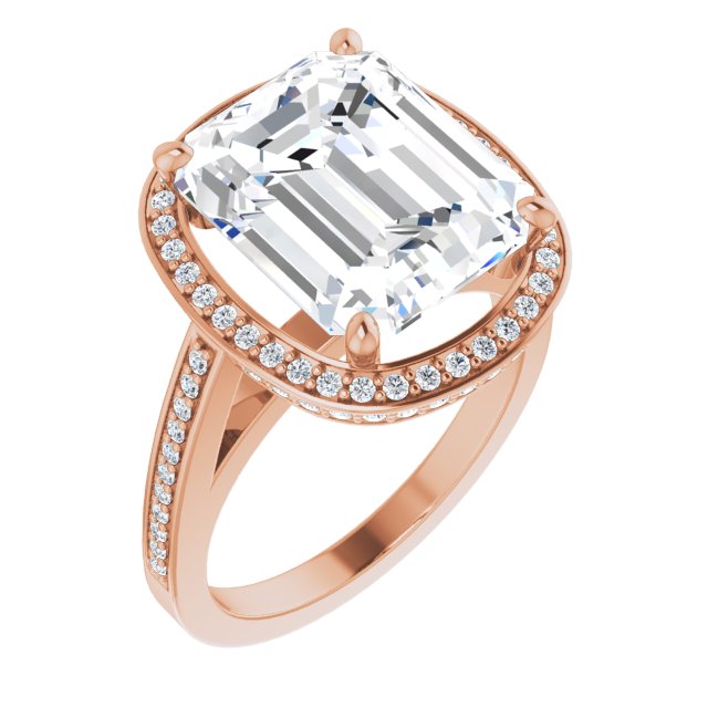 10K Rose Gold Customizable Cathedral-set Emerald/Radiant Cut Design with Halo, Thin Pavé Band & Round-Bezel Peekaboos