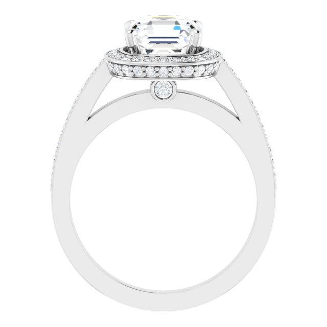 Cubic Zirconia Engagement Ring- The Roseanne (Customizable Cathedral-set Asscher Cut Design with Halo, Thin Shared Prong Band & Round-Bezel Peekaboos)