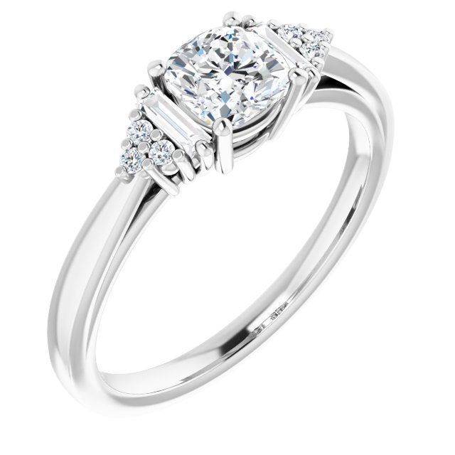 10K White Gold Customizable 9-stone Design with Cushion Cut Center, Side Baguettes and Tri-Cluster Round Accents