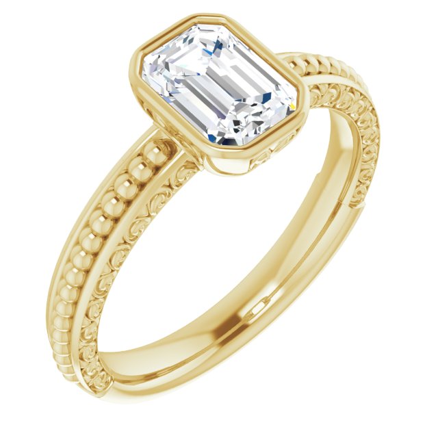10K Yellow Gold Customizable Bezel-set Emerald/Radiant Cut Solitaire with Beaded and Carved Three-sided Band