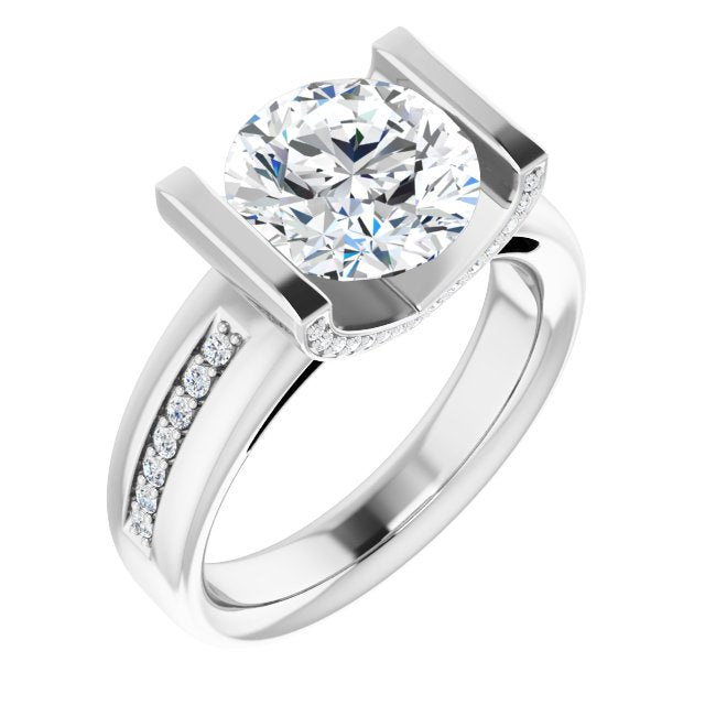 14K White Gold Customizable Cathedral-Bar Round Cut Design featuring Shared Prong Band and Prong Accents