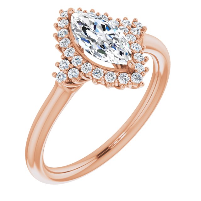 10K Rose Gold Customizable Marquise Cut Cathedral-Halo Design with Tri-Cluster Round Accents