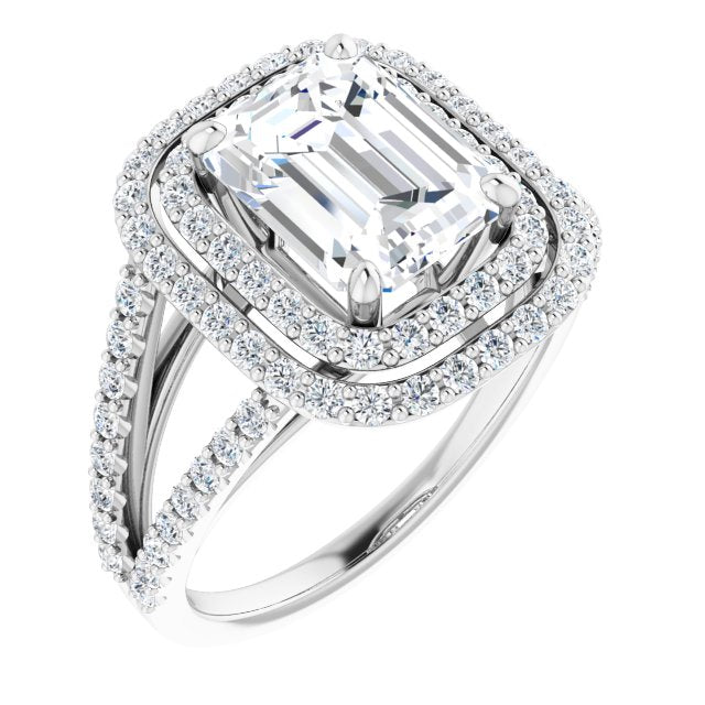 10K White Gold Customizable Emerald/Radiant Cut Design with Double Halo and Wide Split-Pavé Band