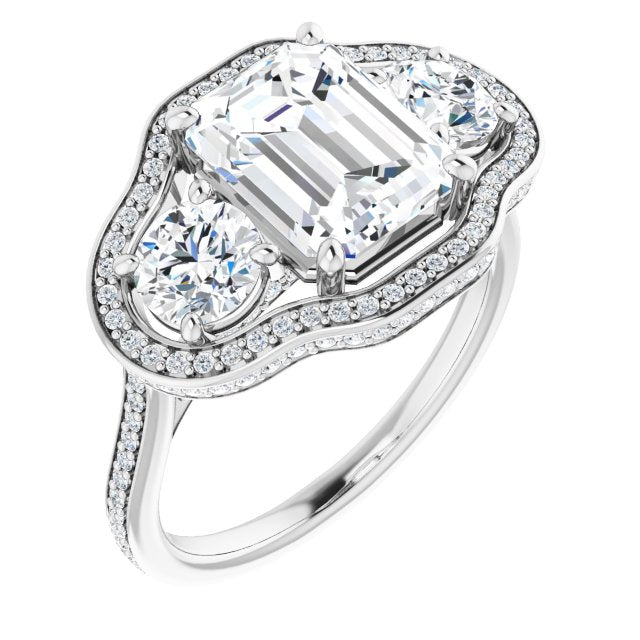 10K White Gold Customizable 3-stone Emerald/Radiant Cut Design with Multi-Halo Enhancement and 150+-stone Pavé Band