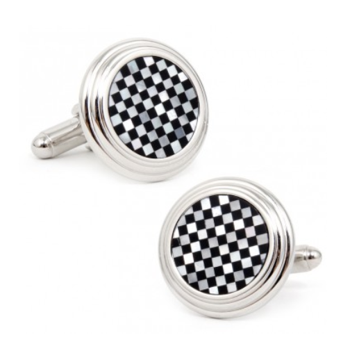 Men’s Cufflinks- Silver Plated Onyx and Mother of Pearl Checkered Design