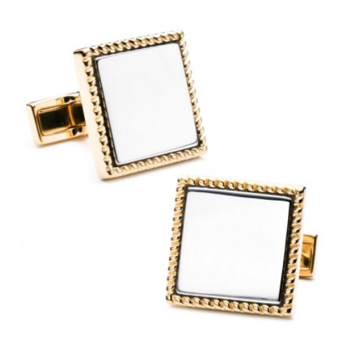 Men’s Cufflinks- Two Tone Silver and Yellow Gold Plated Squares with Rope Border