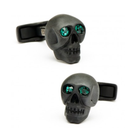 Men’s Cufflinks- Matte Black Eye Skull (set with green emerald crystals for eyes)