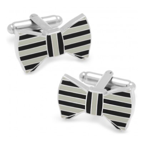 Men’s Cufflinks- Black and Grey Enameled Horizontal Striped Bowties