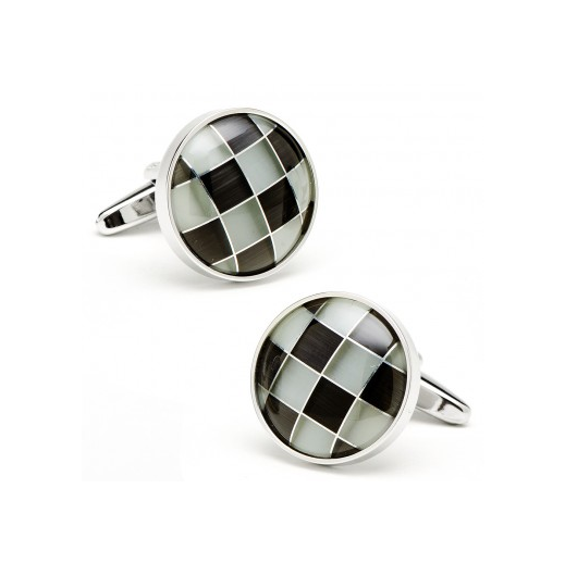 Men’s Cufflinks- Silver Plated Grey Catseye Checkered Design