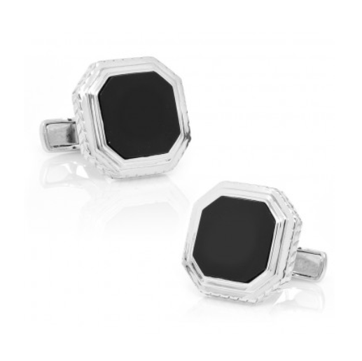 Men’s Cufflinks- Black Octagon-Cut Onyx Opus Style with Sterling Silver Frame