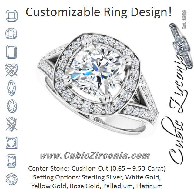 Cubic Zirconia Engagement Ring- The Aryanna (Customizable Cathedral-set Cushion Cut Style with Accented Split Band and Halo)