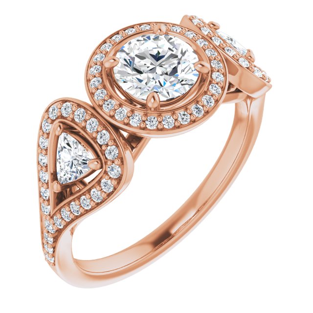 10K Rose Gold Customizable Cathedral-set Round Cut Design with 2 Trillion Cut Accents, Halo and Split-Shared Prong Band