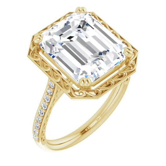 10K Yellow Gold Customizable Emerald/Radiant Cut Halo Design with Filigree and Accented Band