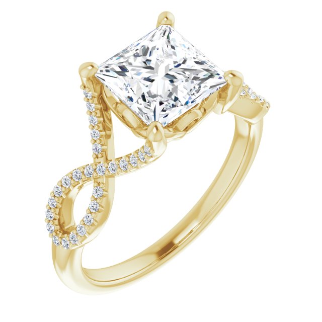10K Yellow Gold Customizable Princess/Square Cut Design with Twisting Infinity-inspired, Pavé Split Band