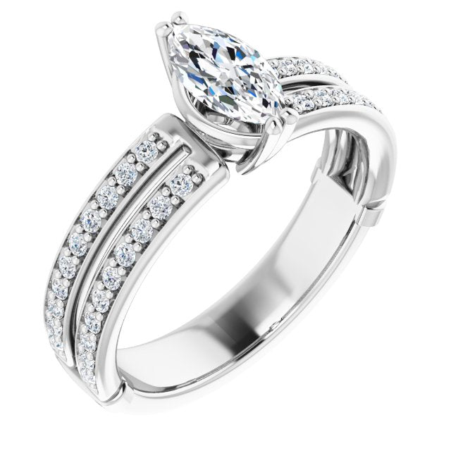 10K White Gold Customizable Marquise Cut Design featuring Split Band with Accents