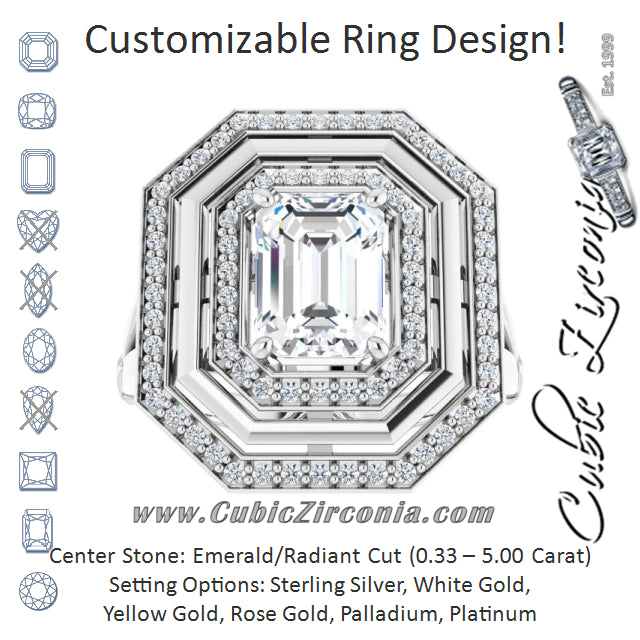 Cubic Zirconia Engagement Ring- The Allie (Customizable Emerald Cut Oversized 2x Halo Style with Knuckle Accented Split Band)
