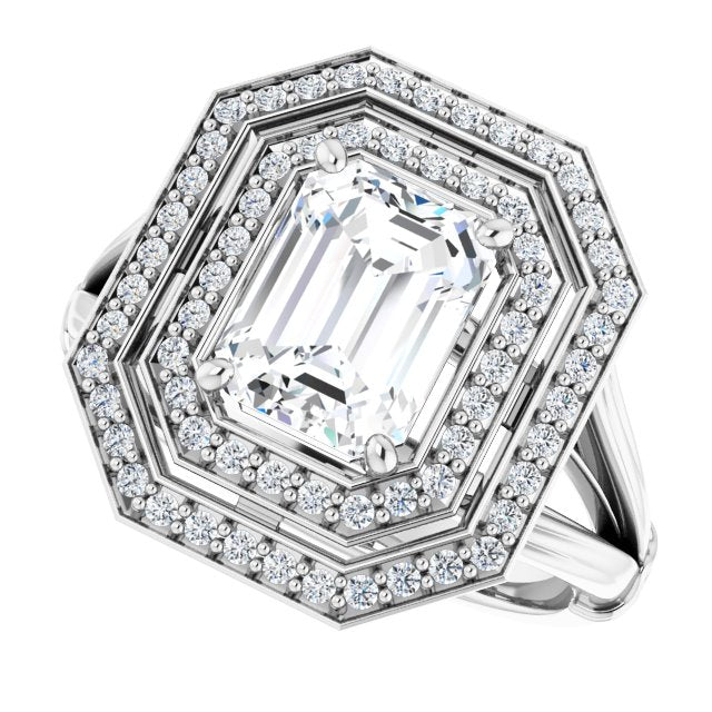 Cubic Zirconia Engagement Ring- The Cheryl (Customizable Cathedral-set Radiant Cut Design with Double Halo, Wide Split Band and Side Knuckle Accents)