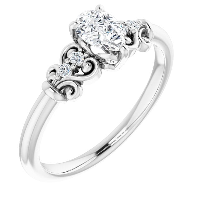 10K White Gold Customizable Vintage 5-stone Design with Pear Cut Center and Artistic Band Décor