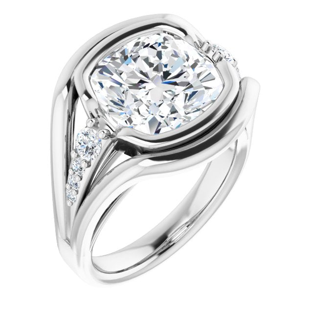 10K White Gold Customizable 9-stone Cushion Cut Design with Bezel Center, Wide Band and Round Prong Side Stones