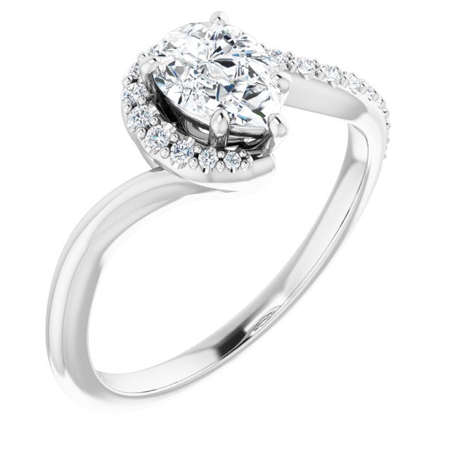 10K White Gold Customizable Pear Cut Design with Swooping Pavé Bypass Band