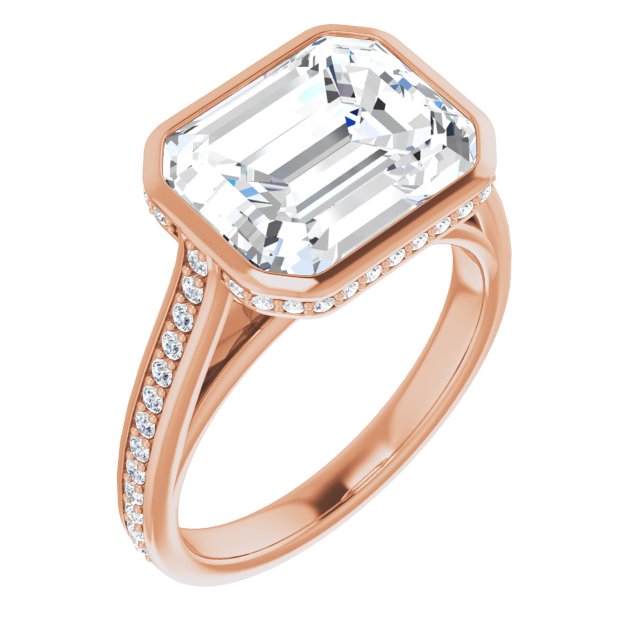 10K Rose Gold Customizable Cathedral-Bezel Emerald/Radiant Cut Design with Under Halo and Shared Prong Band