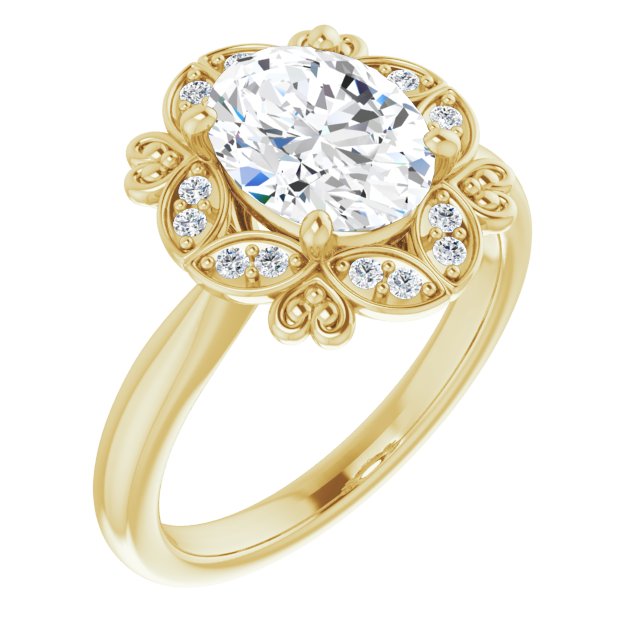 10K Yellow Gold Customizable Oval Cut Design with Floral Segmented Halo & Sculptural Basket