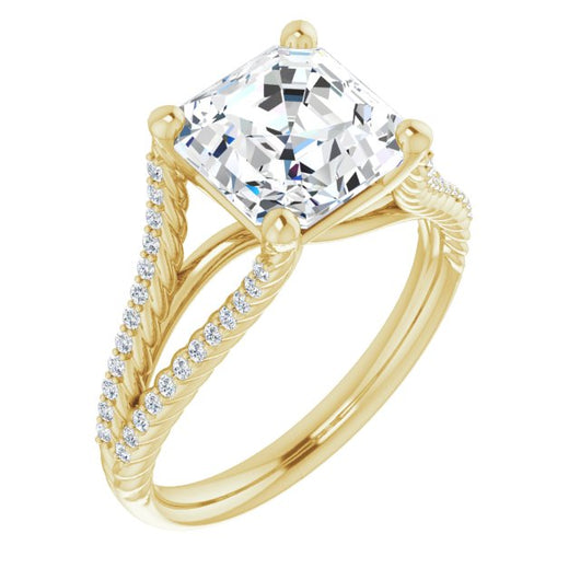 10K Yellow Gold Customizable Asscher Cut Style with Split Band and Rope-Pavé