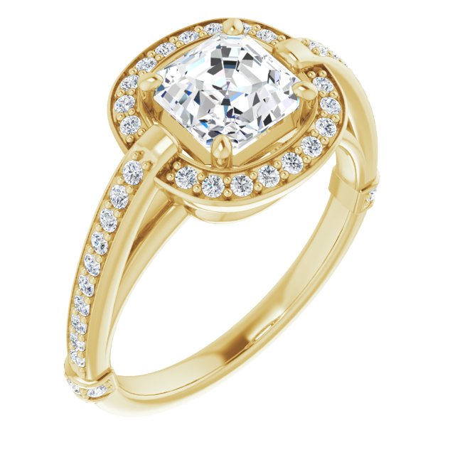 10K Yellow Gold Customizable High-Cathedral Asscher Cut Design with Halo and Shared Prong Band