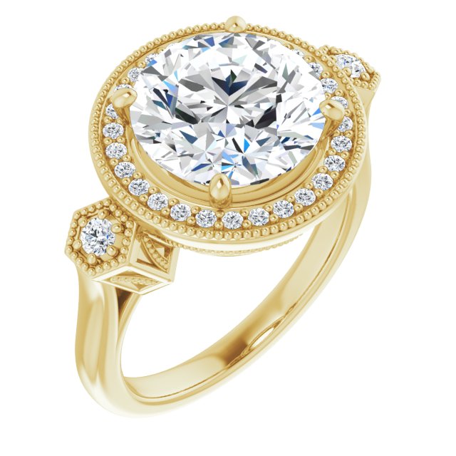 10K Yellow Gold Customizable Cathedral Round Cut Design with Halo and Delicate Milgrain
